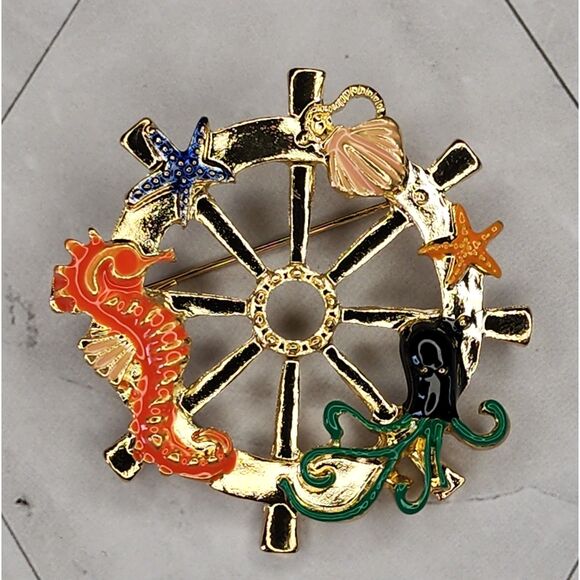 Ships Wheel Brooch Seahorse Octopus Starfish Ocean Enamel on Bright Gold Tone - Picture 3 of 4